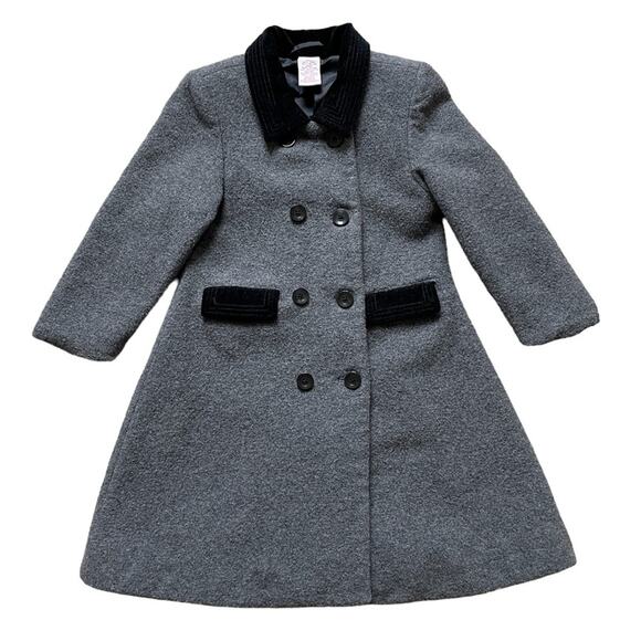 Gymboree Wool Blend Grey Double Breasted Girls Pea Coat Black Velvet Collar 3T - Picture 1 of 9